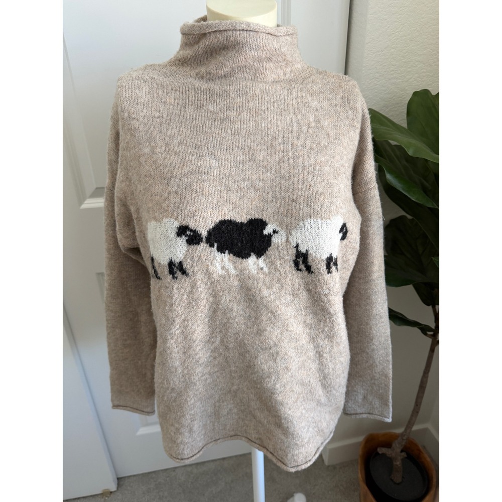 Cupcakes and Cashmere Sheep Mock Neck Sweater Beige Tan Medium Cottagecore